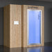Modern electric cryotherapy pod by Optimal Health with vertical timber cladding, blue glass door and smart interface for targeted cold therapy and recovery.