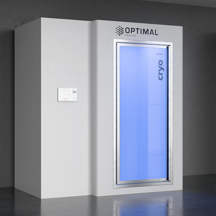 White finish electric cryotherapy chamber by Optimal Health, designed for clinical and wellness environments, featuring backlit entry and digital control unit.