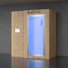Wood-panelled Optimal Health cryotherapy chamber with electric freezing technology and blue-lit door, blending natural aesthetic with high-performance cryo wellness.