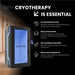 Cryotherapy benefits display alongside Optimal Health electric cryo chamber, highlighting recovery, pain relief, skincare, and wellness advantages.