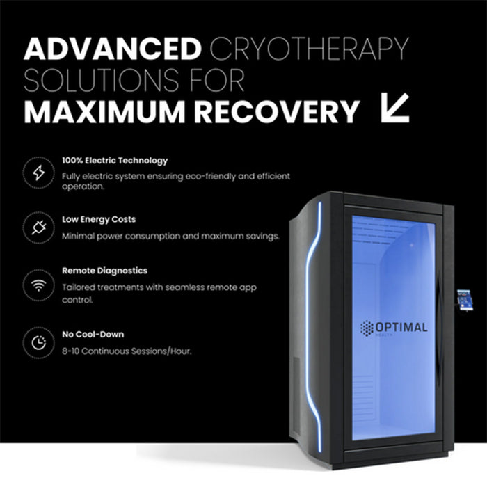 Promotional graphic showcasing the Optimal Health electric cryotherapy chamber with energy-efficient design, remote diagnostics, and continuous session capabilities.