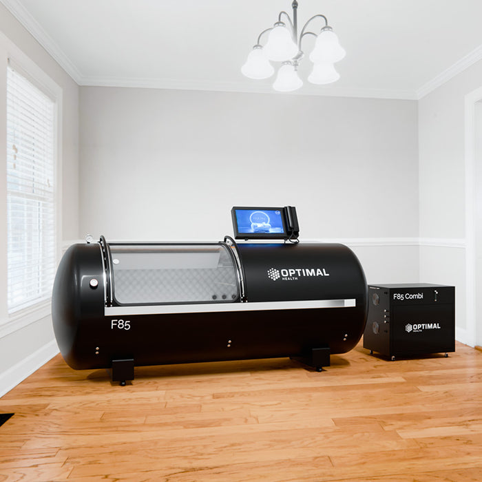 The F85 Steel Hyperbaric Oxygen Chamber integrated into a modern home environment, demonstrating its sleek, space-efficient design and easy installation.