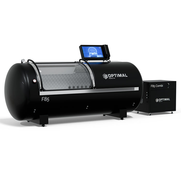 The F85 Steel Hyperbaric Oxygen Chamber paired with the F85 Combi Unit, delivering enhanced oxygen concentration and optimised airflow for superior therapy sessions.