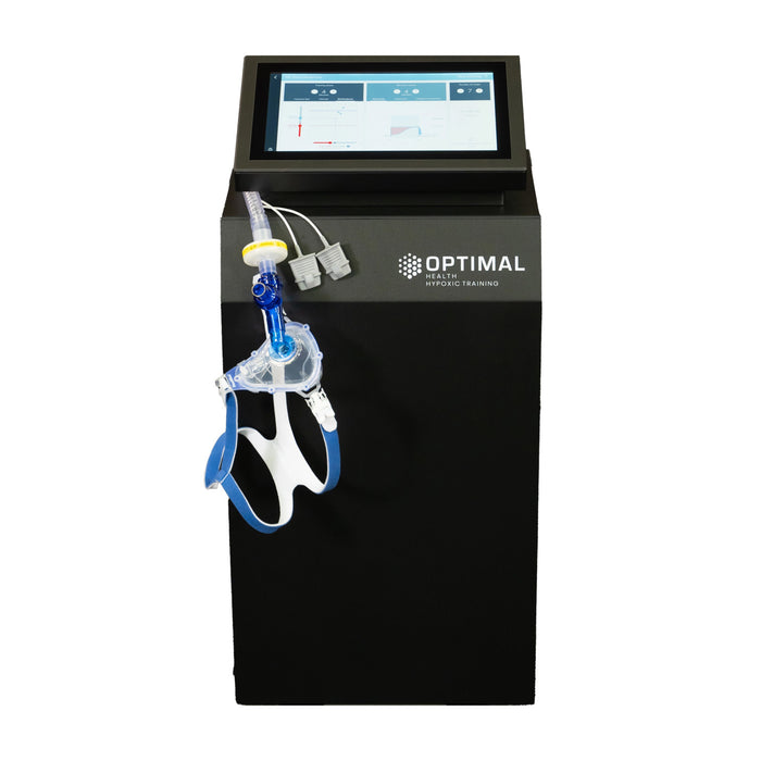 Optimal Health hypoxic training machine with attached breathing mask and touchscreen display, designed for altitude simulation and respiratory therapy.