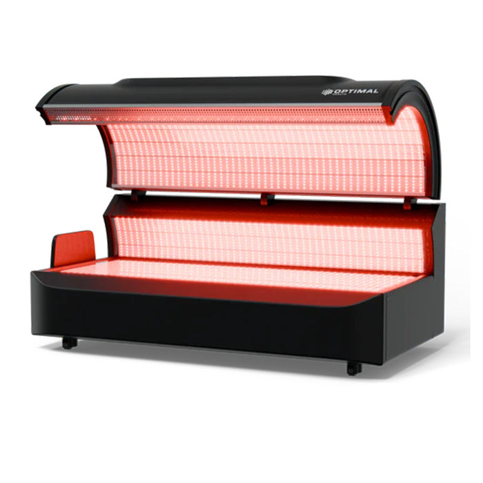 Optimal Health Red Light Therapy Bed with ultra-powerful LED panels emitting red & infrared light for full-body therapy.