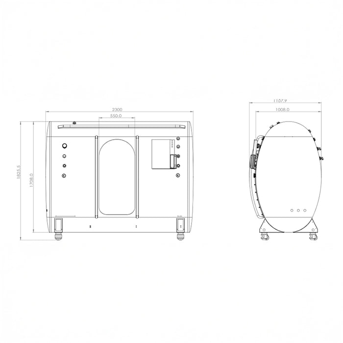 Seated Steel Hyperbaric Oxygen Chamber technical drawing showcases precise dimensions, reinforced steel construction, and ergonomic design, providing a space-efficient and durable solution for oxygen therapy.