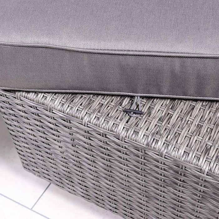 A detailed view of the grey cushion on the Paris 10 Seater Cube Set, highlighting the quality of the fabric and the rattan craftsmanship.