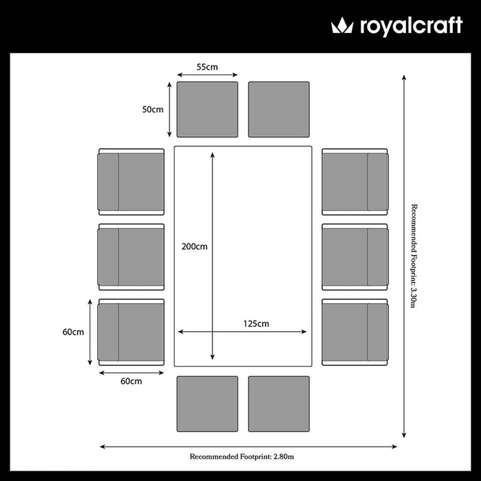 A floor plan layout of the Paris 10 Seater Cube Set, detailing the dimensions and recommended footprint for optimal placement in your garden or patio.