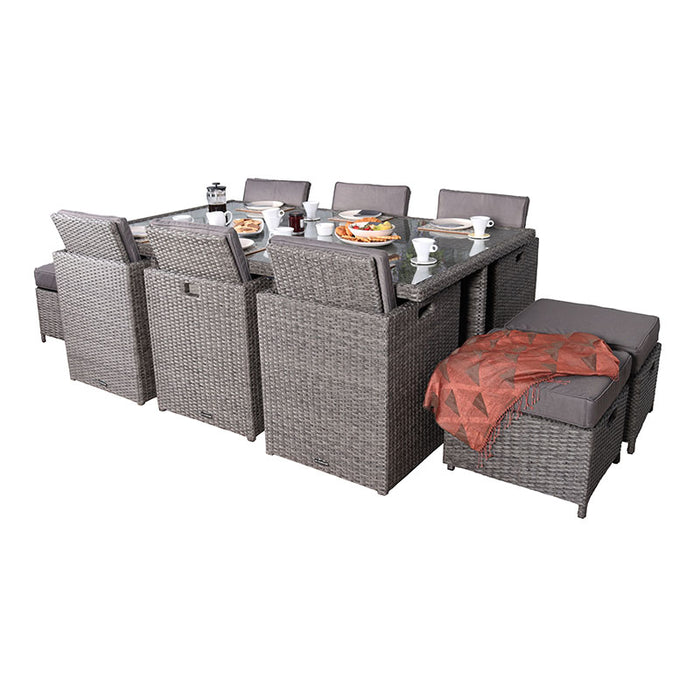 The Paris 10 Seater Cube Set arranged for a delightful breakfast, featuring grey rattan chairs and stools, with a stylish glass-topped table.