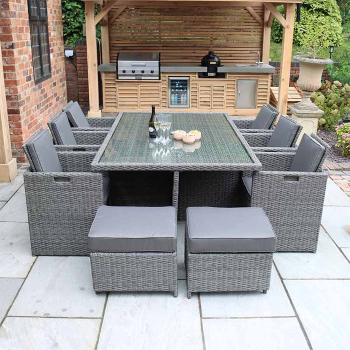 The Paris 10 Seater Cube Set, designed for large outdoor gatherings, features a sleek glass table and comfortable grey rattan seating.