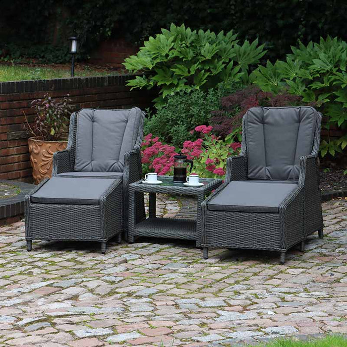 An inviting shot of the Paris 2 Seater High Back Recliner Set, showcasing the plush grey cushions and modern rattan design, ideal for a tranquil garden setting.