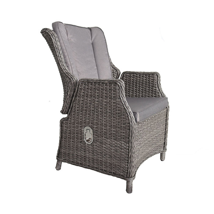 The Paris High Back Recliner Chair is shown in an upright position, highlighting its supportive design and grey cushioned seat.