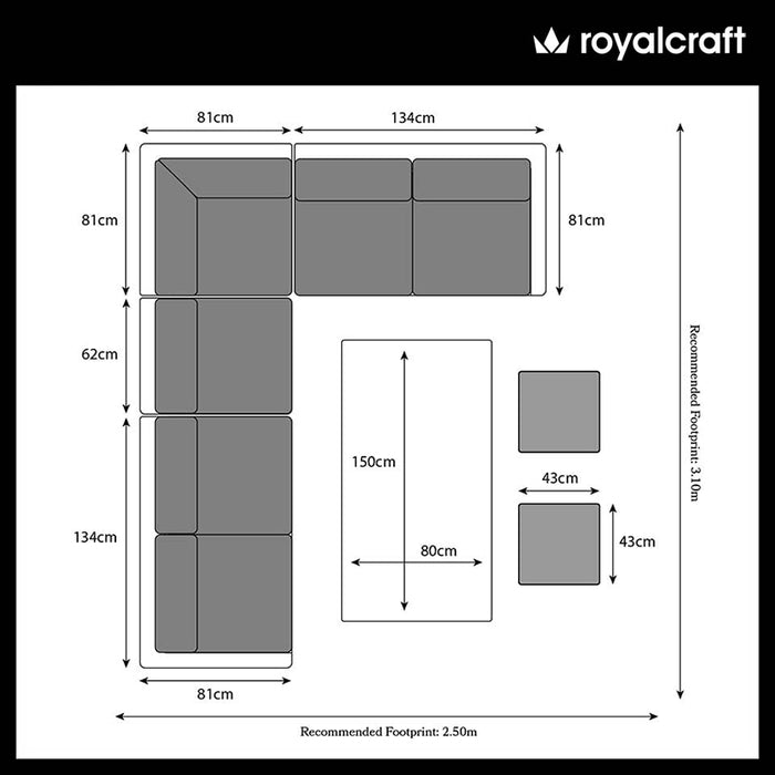 A top-down floor plan showing the dimensions and layout of the Paris Deluxe Modular Corner Dining Set, providing a clear guide for optimal placement.