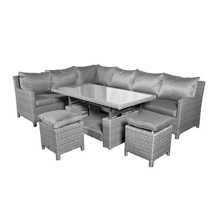 A side view of the Paris Deluxe Modular Corner Dining Set with the table in a raised position and additional seating provided by two cushioned stools.