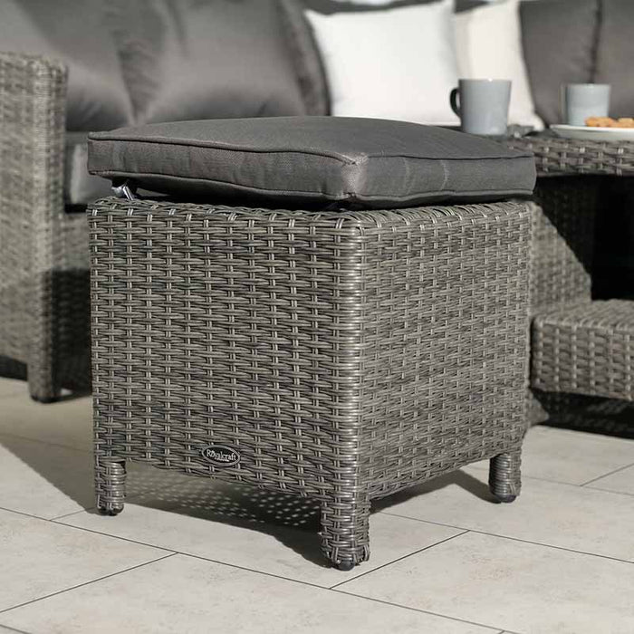 A detailed view of the cushioned stool from the Paris Deluxe Modular Corner Dining Set, showcasing the intricate rattan design and comfortable seating.