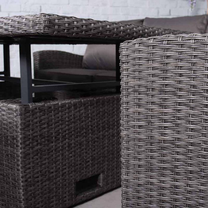 Close-up of the under-table structure of the Paris 7 Seater Deluxe Sofa Dining Set’s dining table, showing the supportive wicker weave and sturdy metal framework.