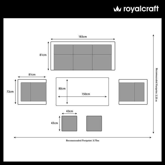 Floor plan layout of the Paris 7 Seater Deluxe Sofa Dining Set, detailing the dimensions and recommended footprint for an optimal outdoor setup.