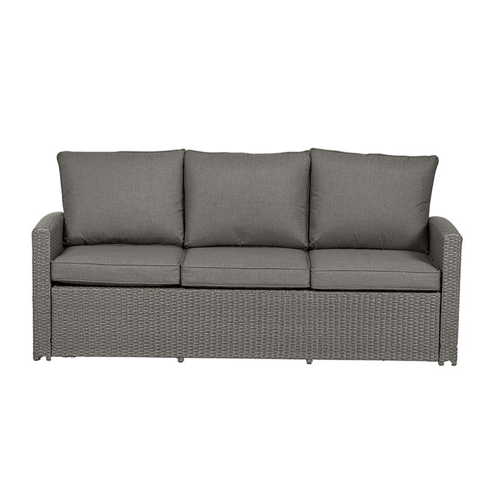 The three-seater sofa from the Paris 7 Seater Deluxe Sofa Dining Set, with plush grey cushions and a sturdy wicker base, offering comfort and style for your outdoor space.