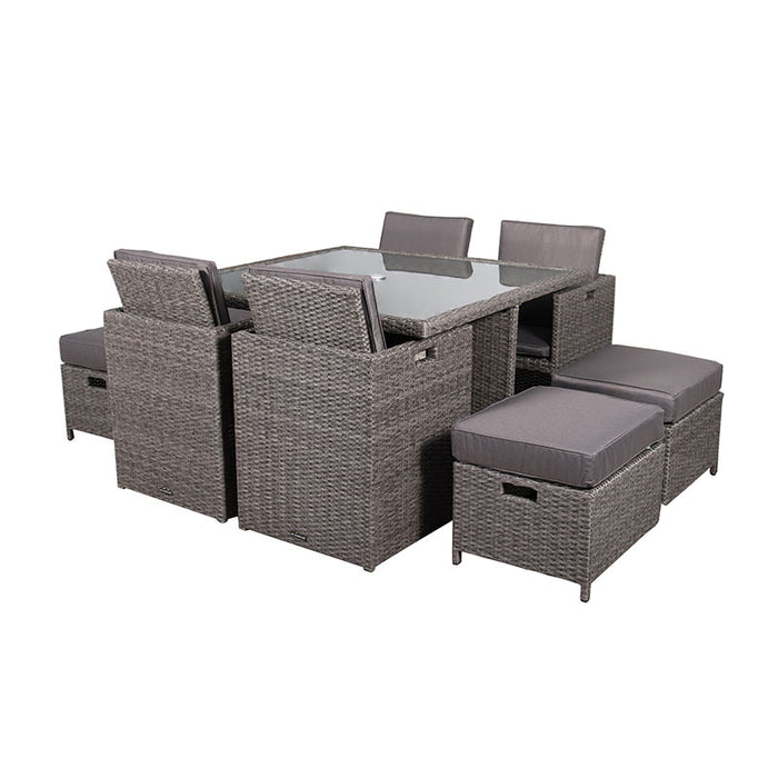 Paris 8 Seater Cube Set fully arranged with chairs and footstools, showcasing the complete setup in slate grey rattan.