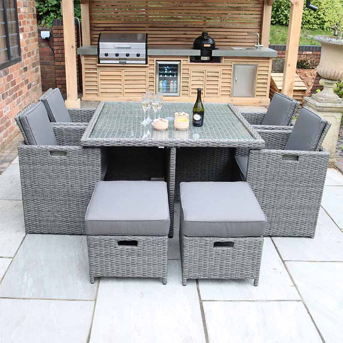 Paris 8 Seater Cube Set compactly stored, demonstrating the efficient space-saving design for outdoor areas.