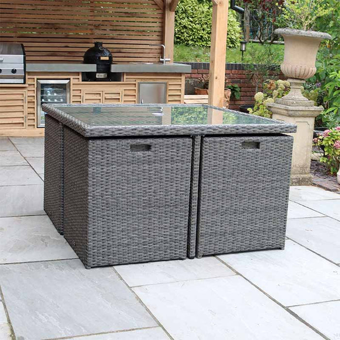 Paris 8 Seater Cube Set compactly stored, showing the smart space-saving design in a modern garden setting.