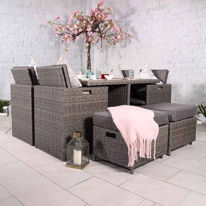 Paris 8 Seater Cube Set arranged indoors, showcasing comfortable seating with decorative pillows and a cosy atmosphere.