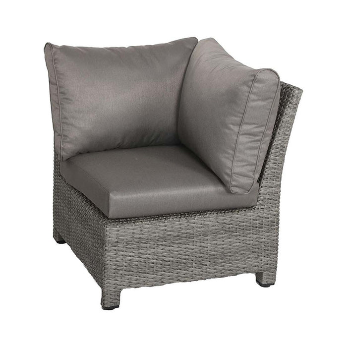 A view of the Paris Fire Pit Corner Dining & Lounge Set's corner chair, featuring plush grey cushions and a woven rattan design.