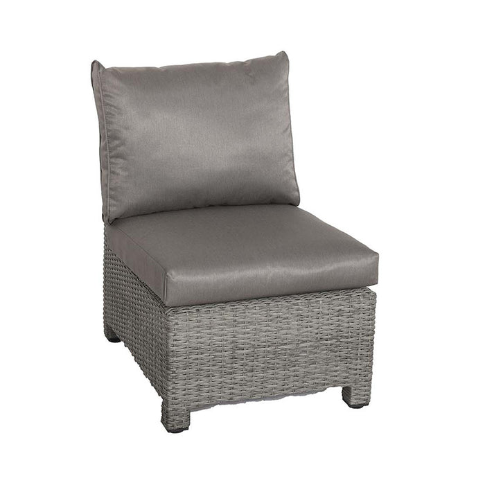 The middle chair of the Paris Fire Pit Corner Dining & Lounge Set, showcasing its comfortable grey cushions and sleek rattan style.