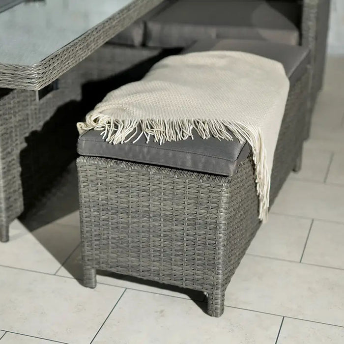 Paris Fire Pit Dining & Lounge Set Bench with Soft Grey Cushions, perfect for versatile indoor and outdoor settings.