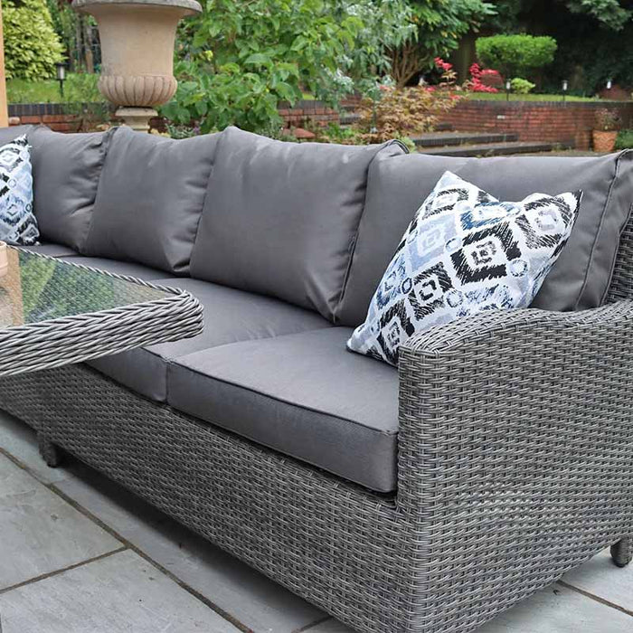 Comfortable grey cushioned seating of the Paris Fire Pit Dining Set, showing close-up detail of the plush cushions.