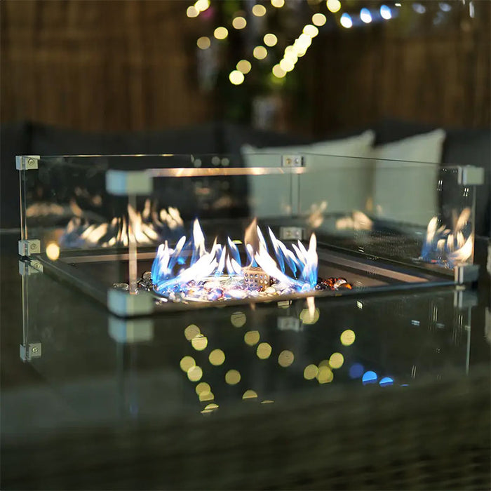 Side view of the Paris Fire Pit Dining Set showcasing the protective glass guard surrounding the fire feature.