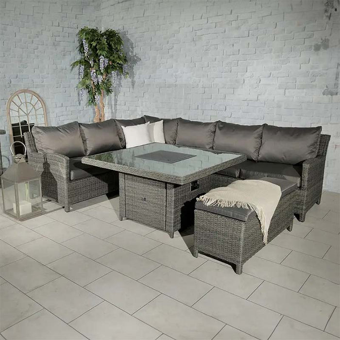 Paris Fire Pit Corner Dining & Lounge Set displayed indoors with cosy grey cushions and stylish rattan weave.