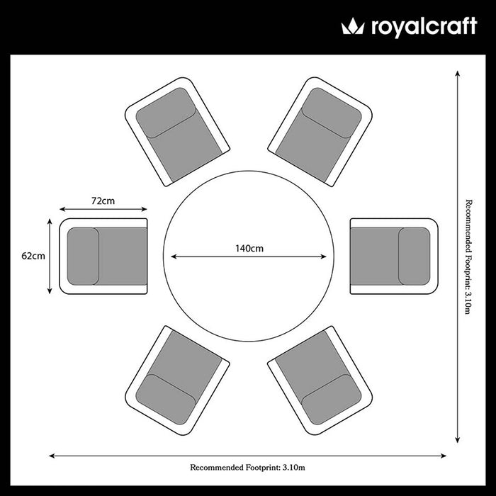 A floor plan of the Paris Imperial Round Dining Set, illustrating the recommended footprint and dimensions for optimal outdoor placement.