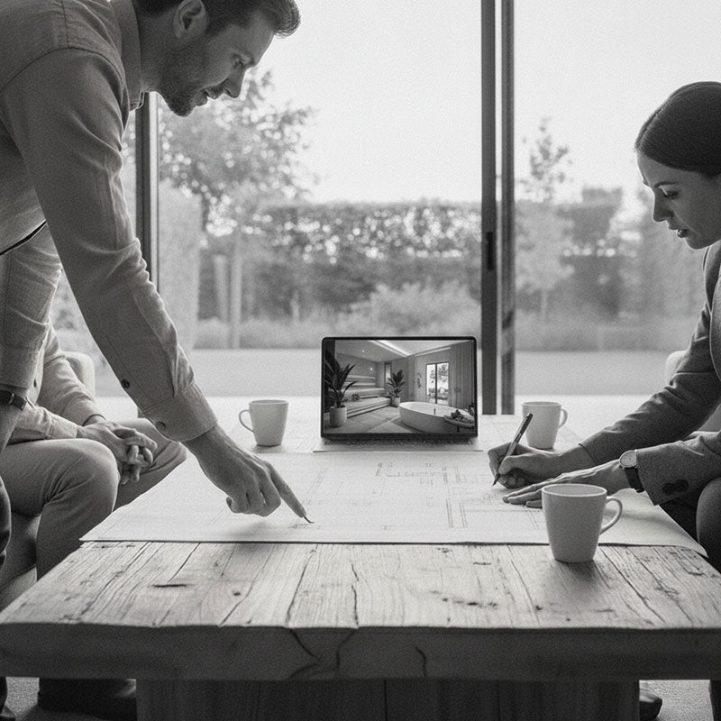 Two professionals reviewing architectural plans at a table with a laptop showing luxury wellness products for project consultation.
