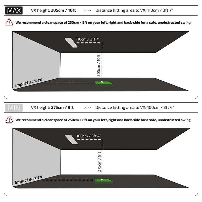 ProTee VX Launch Monitor ceiling height requirements showing recommended maximum and minimum room dimensions for safe golf swing setup with impact screen and sensor placement.