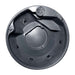 Bird's eye view of a round, dark grey hot tub with multiple seats and water jets.