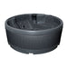 A round, dark grey portable hot tub with panel detailing and built-in seats.