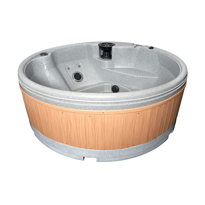 Round hot tub with white interior and teak wood paneling