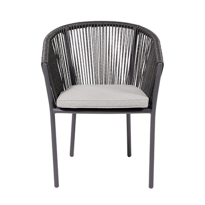 Front view of a single chair from the Reims Outdoor Dining Set, featuring a comfortable grey polystring weave and a soft grey seat cushion.