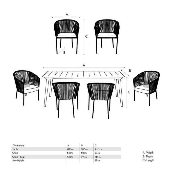 Diagram showing the dimensions of the Reims Outdoor Dining Set, including the table and six chairs, with measurements for width, depth, and height.