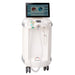 ReOxy Hypoxic Therapy Device in white cylindrical casing, front-facing view on wheels, touchscreen displaying session analytics pie charts, breathing mask and tubing at front.