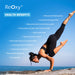 ReOxy Hypoxic Therapy Device health benefits infographic listing eleven benefits alongside a person performing a balance yoga pose on a beach.