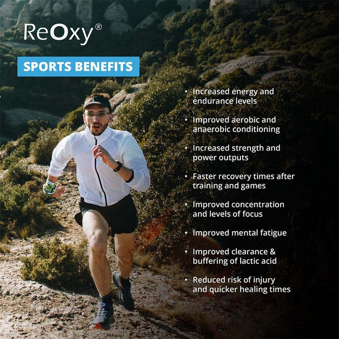 ReOxy Hypoxic Therapy Device sports benefits infographic showing eight performance claims alongside a trail runner on a mountain path.