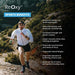 ReOxy Hypoxic Therapy Device sports benefits infographic showing eight performance claims alongside a trail runner on a mountain path.