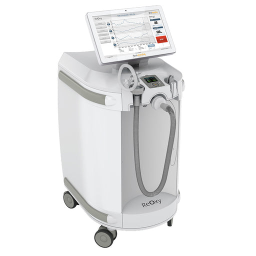 ReOxy Hypoxic Therapy Device in white with rounded casing, three-quarter front-right view on wheels, touchscreen displaying active 10% O₂ test waveform, breathing tube and probe on front panel.