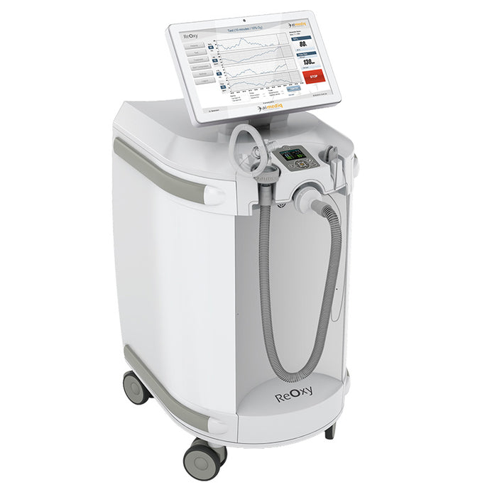 ReOxy Hypoxic Therapy Device in white with rounded casing, three-quarter front-right view on wheels, touchscreen displaying active 10% O₂ test waveform, breathing tube and probe on front panel.