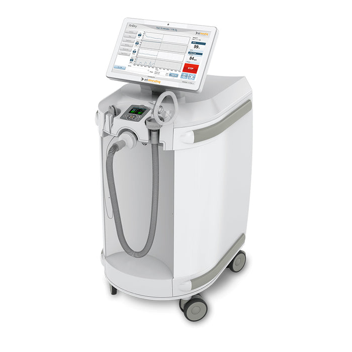 ReOxy Hypoxic Therapy Device in white boxy casing, three-quarter front-right view on wheels, touchscreen displaying active 11% O₂ test waveform, aimediq branding visible on screen.