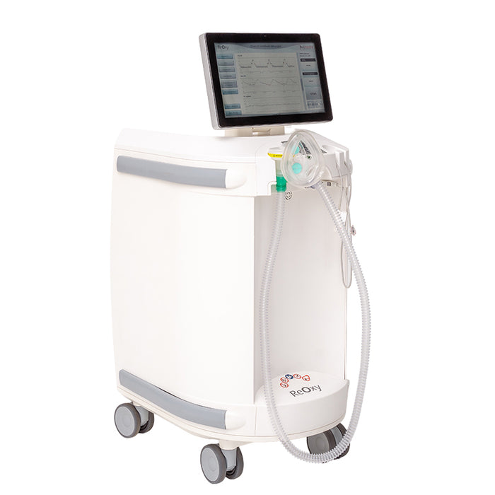 ReOxy Hypoxic Therapy Device in white boxy rectangular casing, three-quarter left-front view on wheels, touchscreen showing breathing waveform data, mask and tubing on right side.