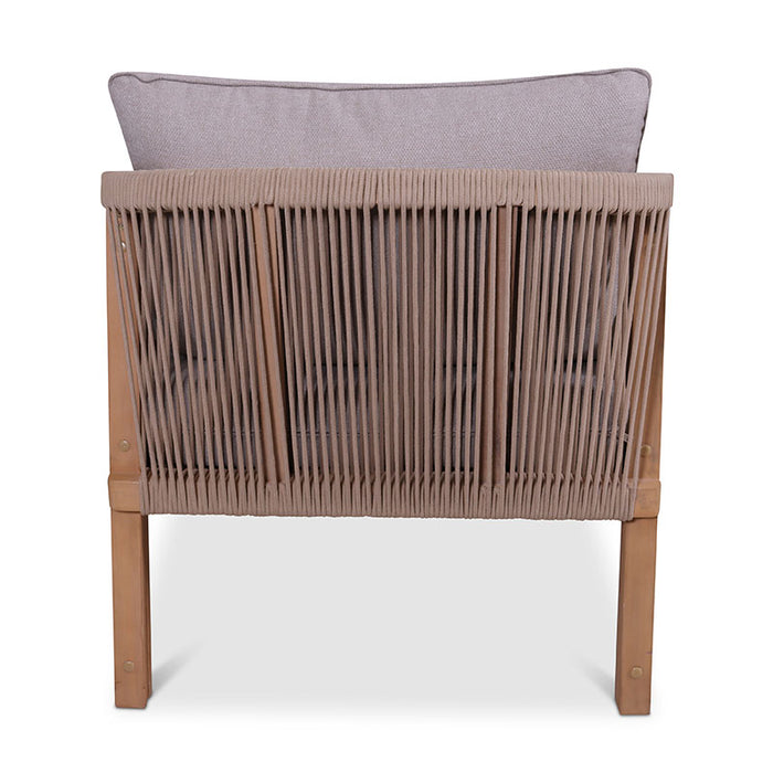 Back view of the Roma armchair, showing the elegant rope design and acacia wood craftsmanship.