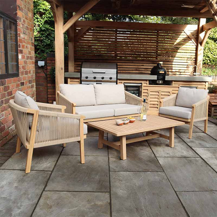 Complete outdoor setup of the Roma 4 Seater Double Lounge Set, with a contemporary acacia wood finish, ideal for creating a luxurious garden seating area.